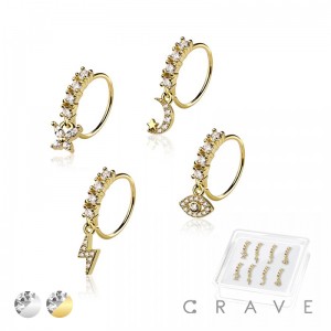 8PCS OF ASSORTED CZ DANGLE 316L SURGICAL STEEL O-RING NOSE HOOP BOX